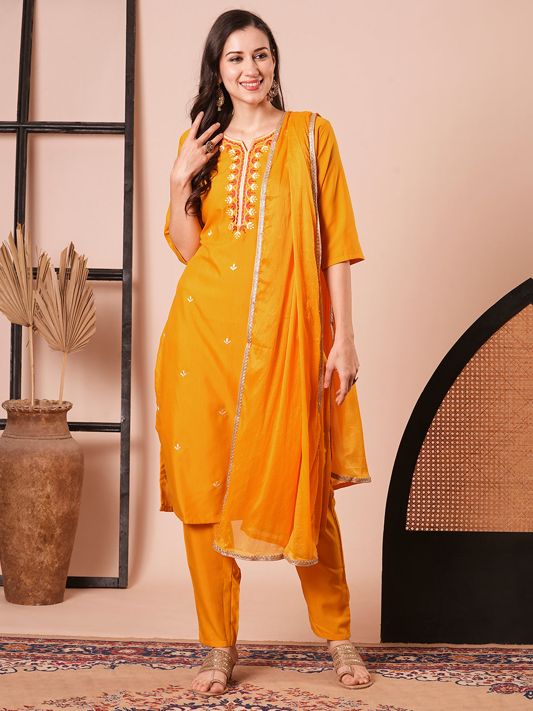 Women's Orange Rayon Resham Embroidery Kurta Set - Ksm Prints