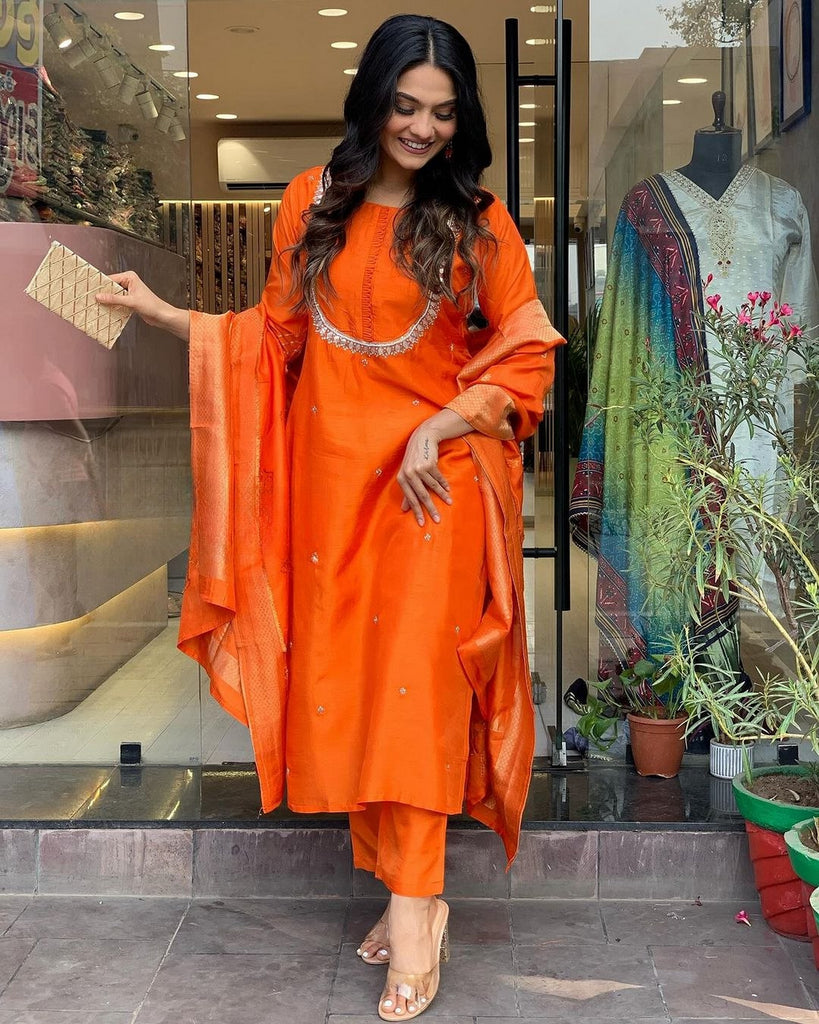 Women's Orange Chanderi Resham Embroidery Kurta Set