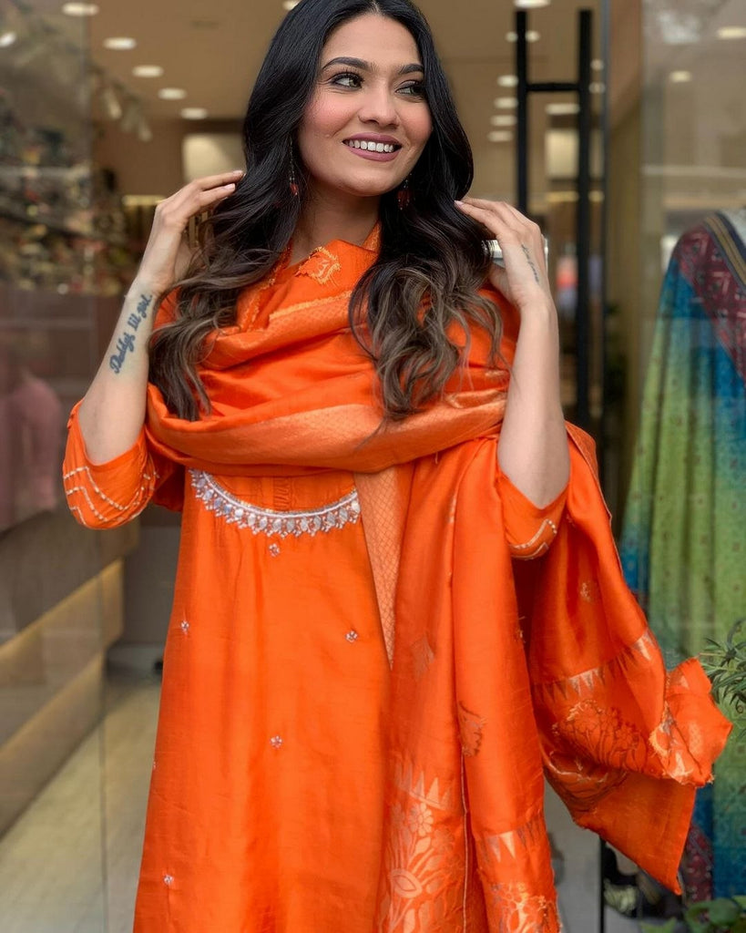 Women's Orange Chanderi Resham Embroidery Kurta Set