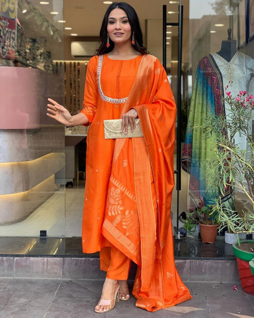 Women's Orange Chanderi Resham Embroidery Kurta Set