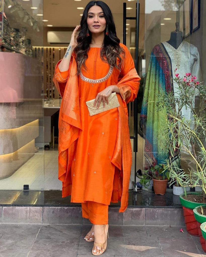 Women's Orange Chanderi Resham Embroidery Kurta Set