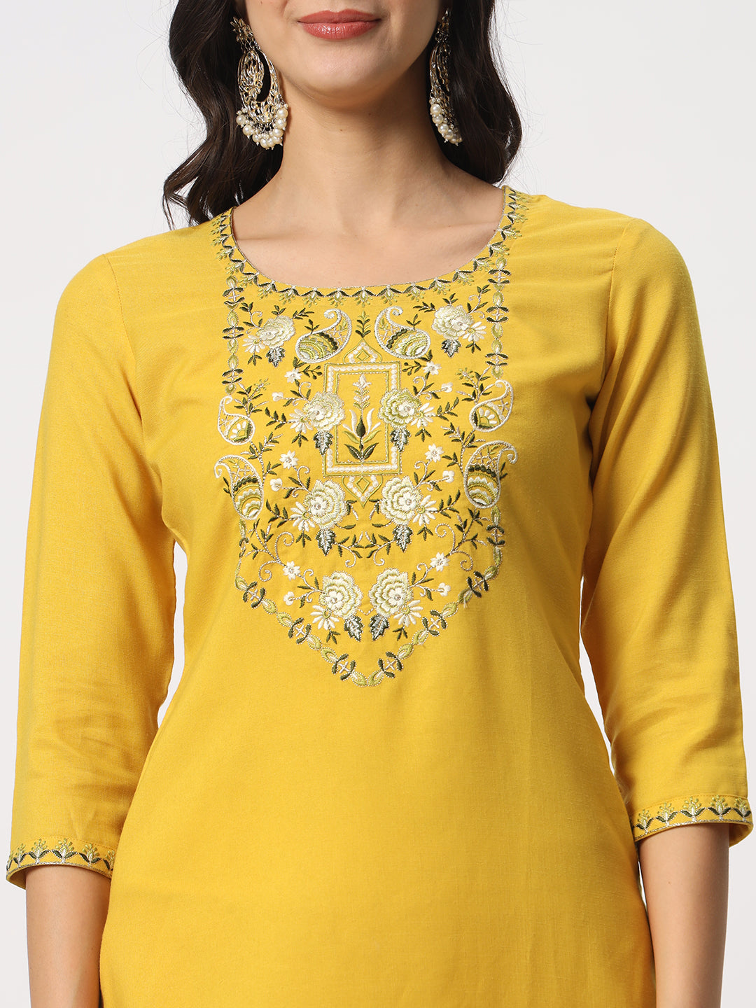 Women's Yellow Cotton Resham Embroidery Kurta Set - Ksm Prints