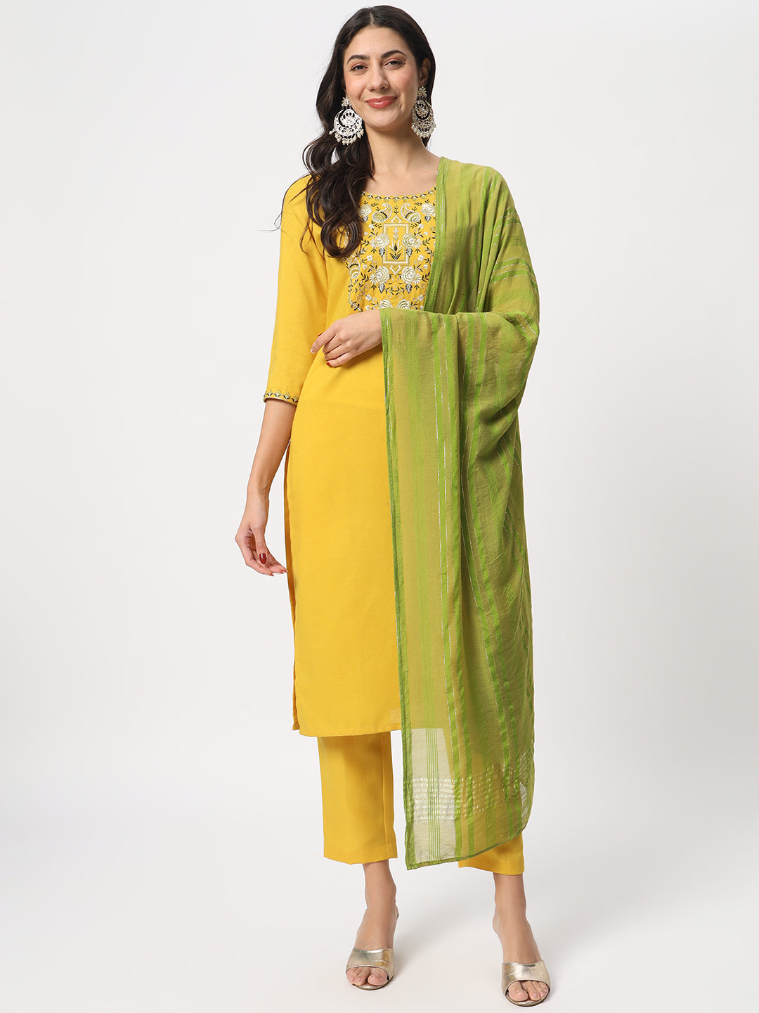 Women's Yellow Cotton Resham Embroidery Kurta Set - Ksm Prints