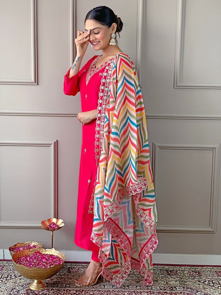 Women's Pink Viscose Resham Embroidery Kurta Set