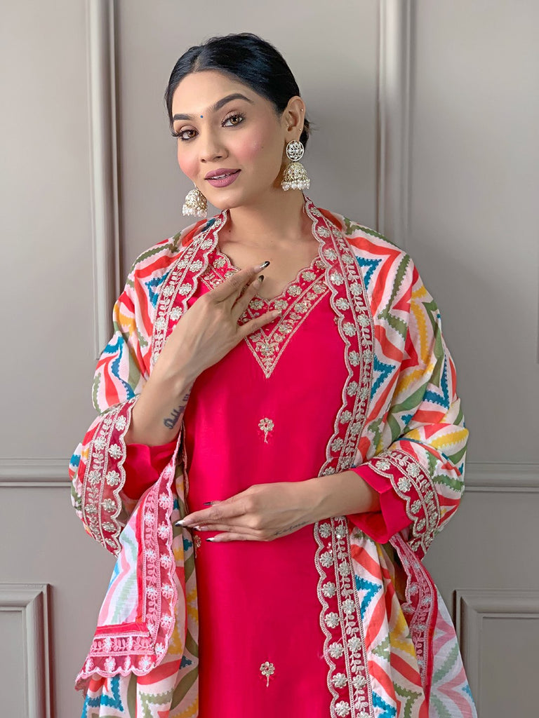 Women's Pink Viscose Resham Embroidery Kurta Set