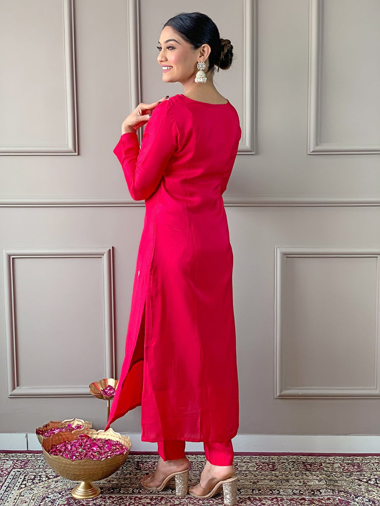 Women's Pink Viscose Resham Embroidery Kurta Set