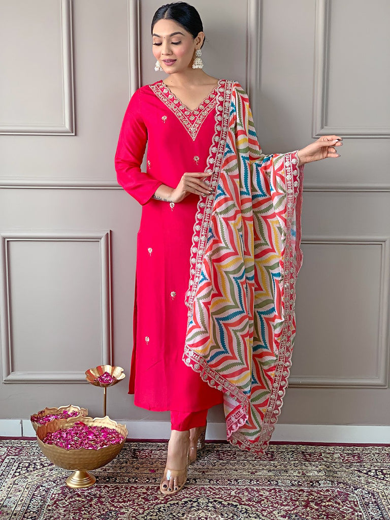 Women's Pink Viscose Resham Embroidery Kurta Set