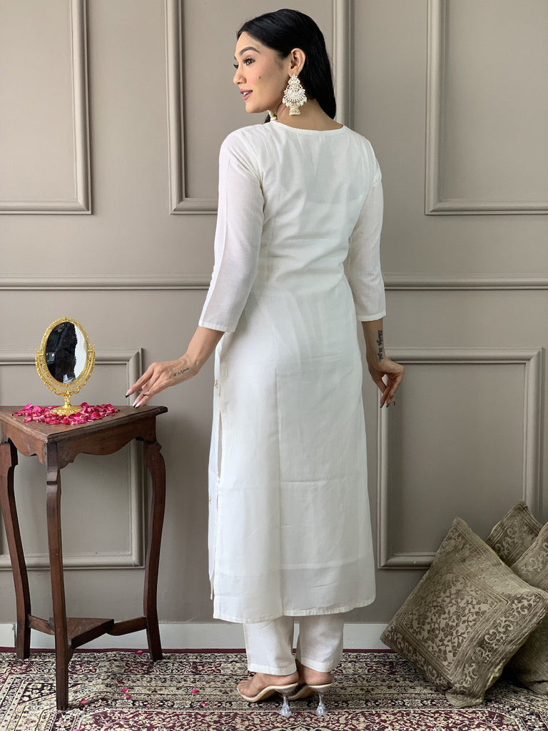 Women's White Viscose Resham Embroidery Kurta Set