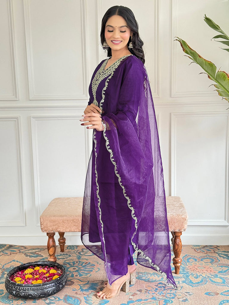 Women's Purple Viscose Resham Embroidery Kurta Set