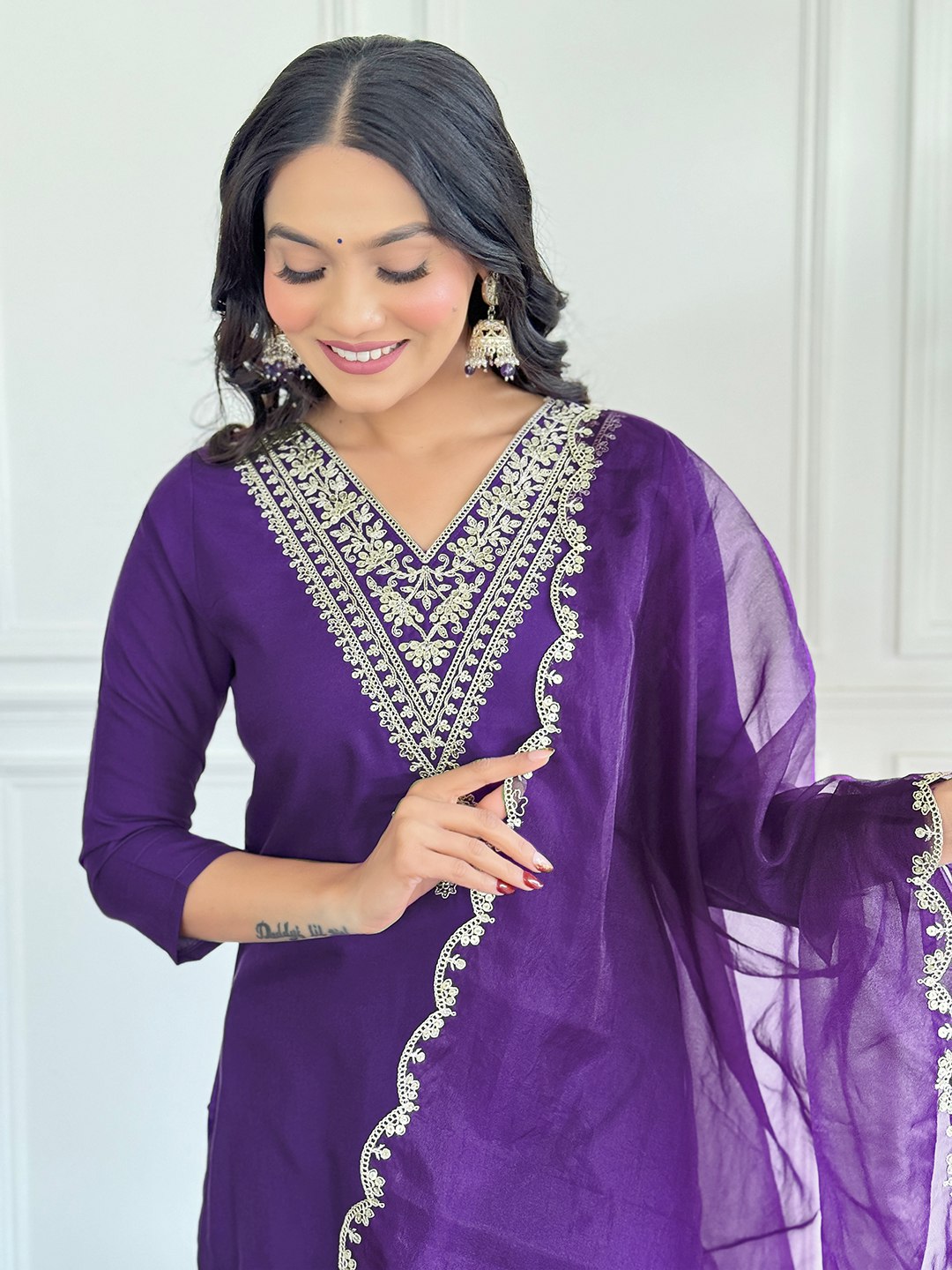 Women's Purple Viscose Resham Embroidery Kurta Set - Ksm Prints