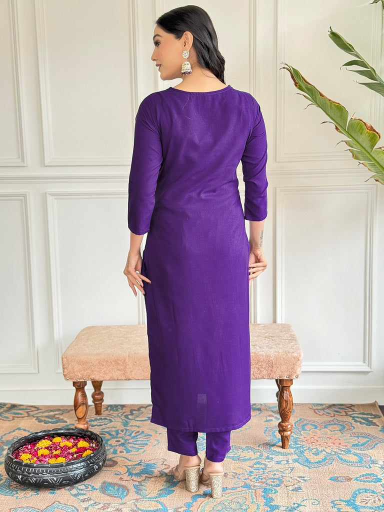 Women's Purple Viscose Resham Embroidery Kurta Set