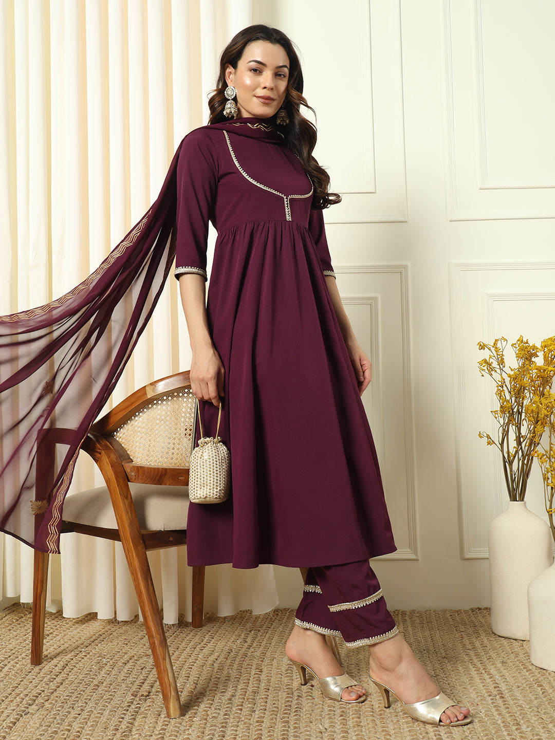 Women's Wine Crepe Resham Embroidery Kurta Set - Ksm Prints