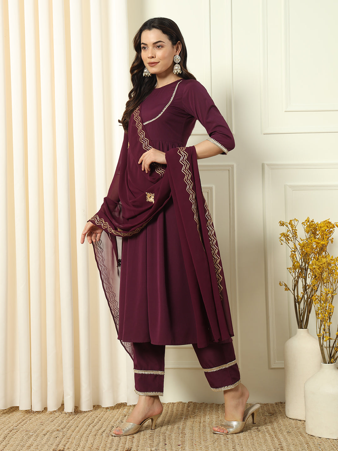 Women's Wine Crepe Resham Embroidery Kurta Set - Ksm Prints