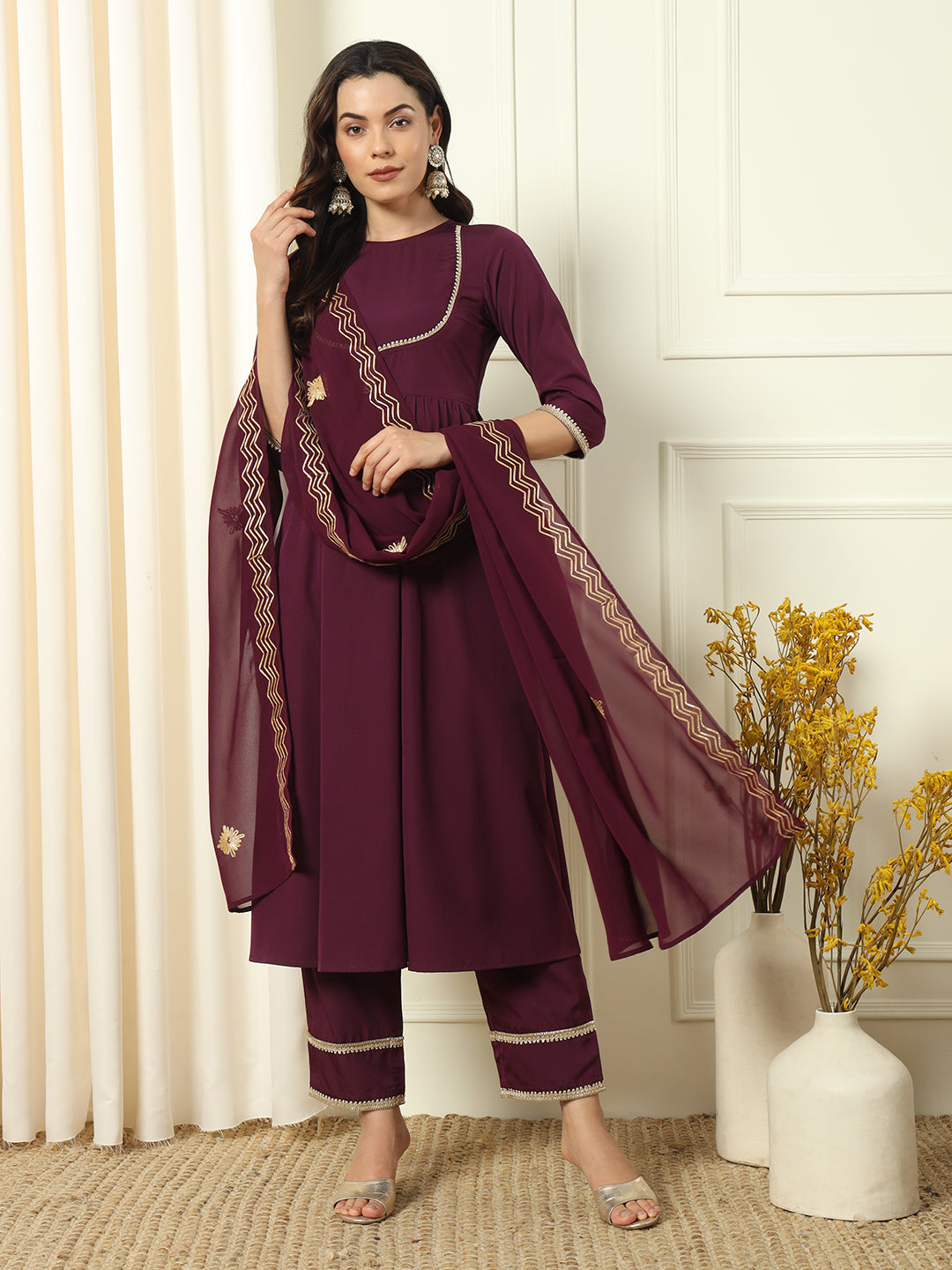 Women's Wine Crepe Resham Embroidery Kurta Set - Ksm Prints