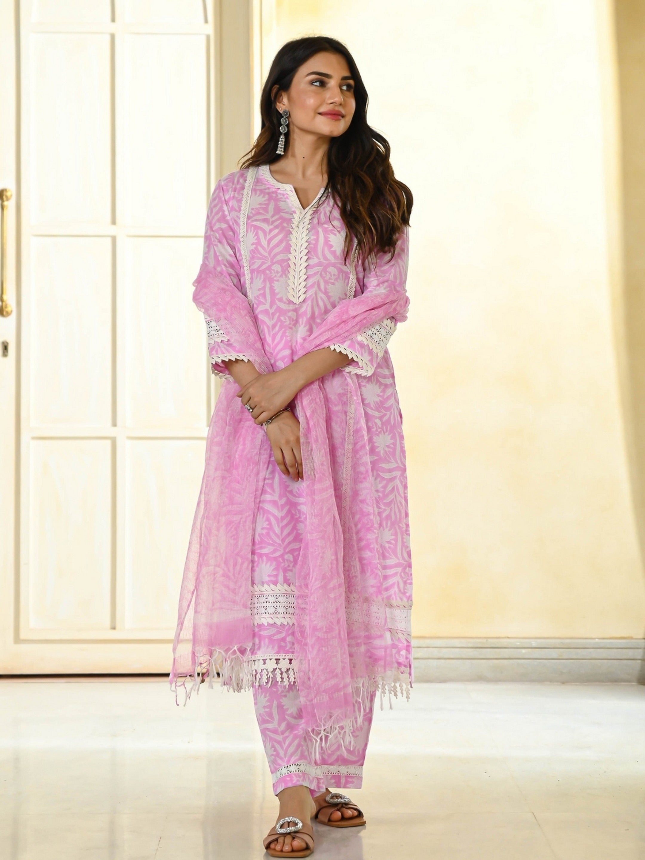 Women's Pink Cotton Resham Embroidery Kurta Set - Ksm Prints