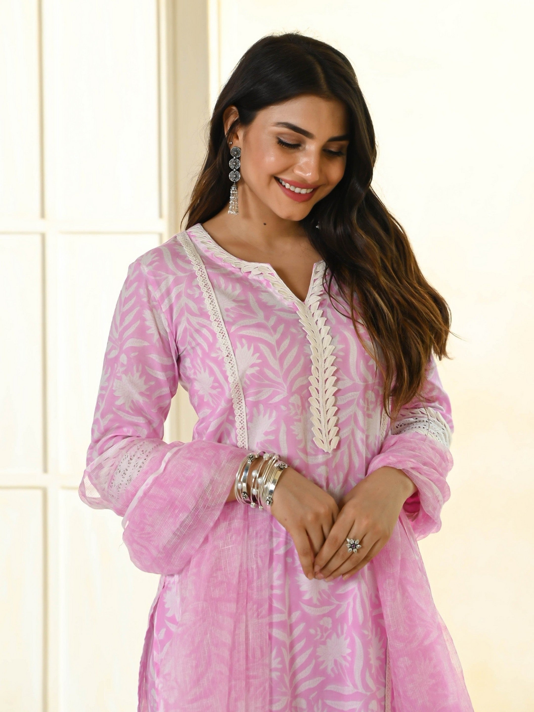 Women's Pink Cotton Resham Embroidery Kurta Set - Ksm Prints