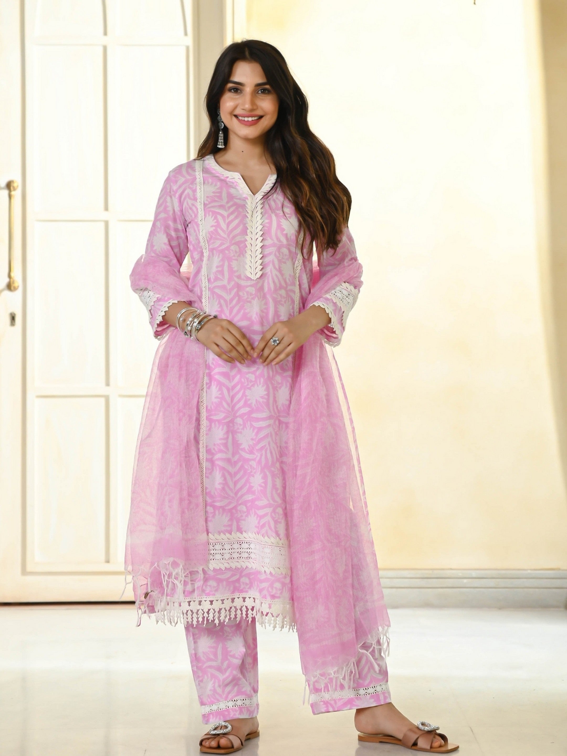 Women's Pink Cotton Resham Embroidery Kurta Set - Ksm Prints