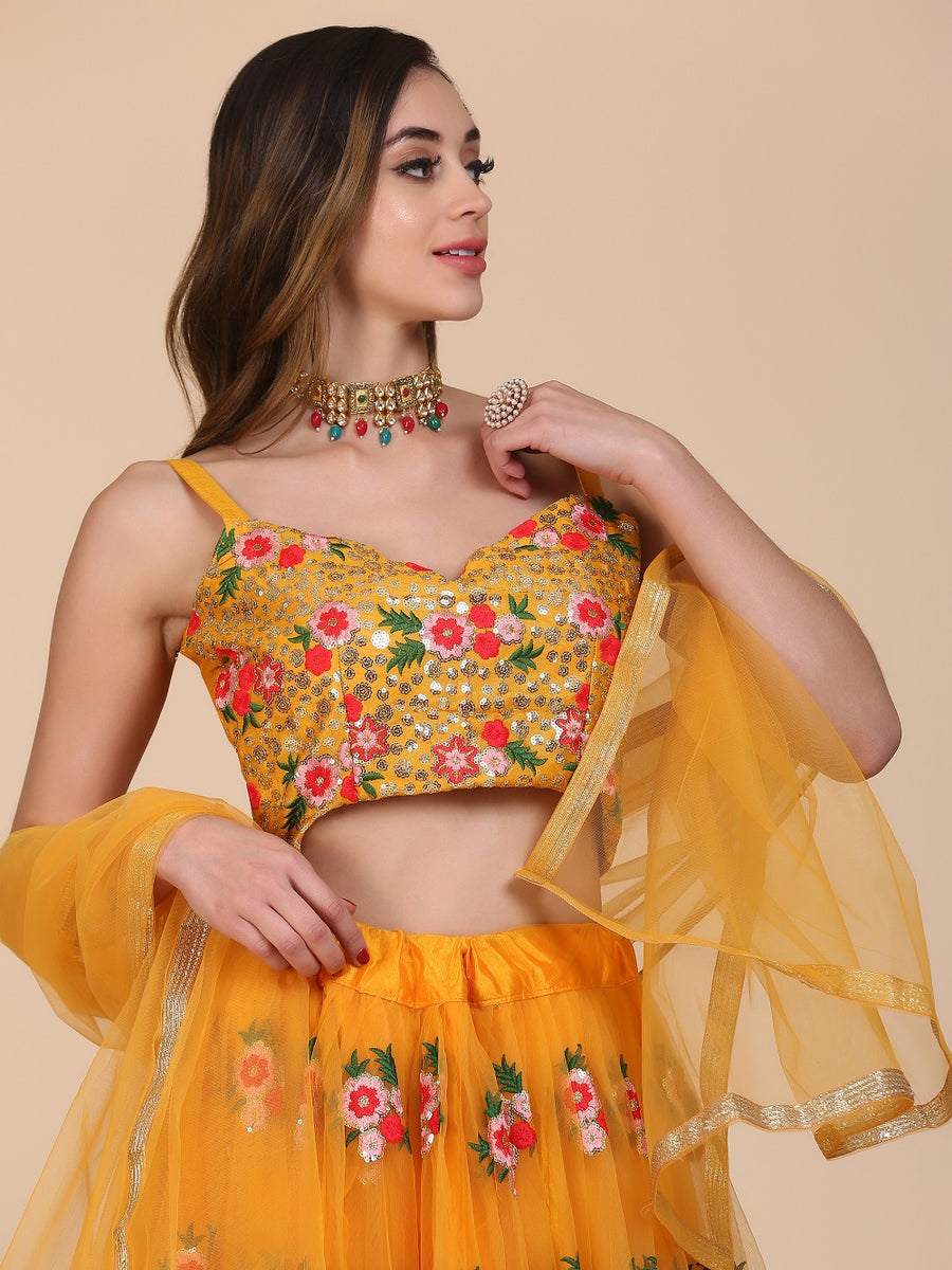 Women's Yellow Color Net Fabric Designer Embroidery Work Girlie Brides ...