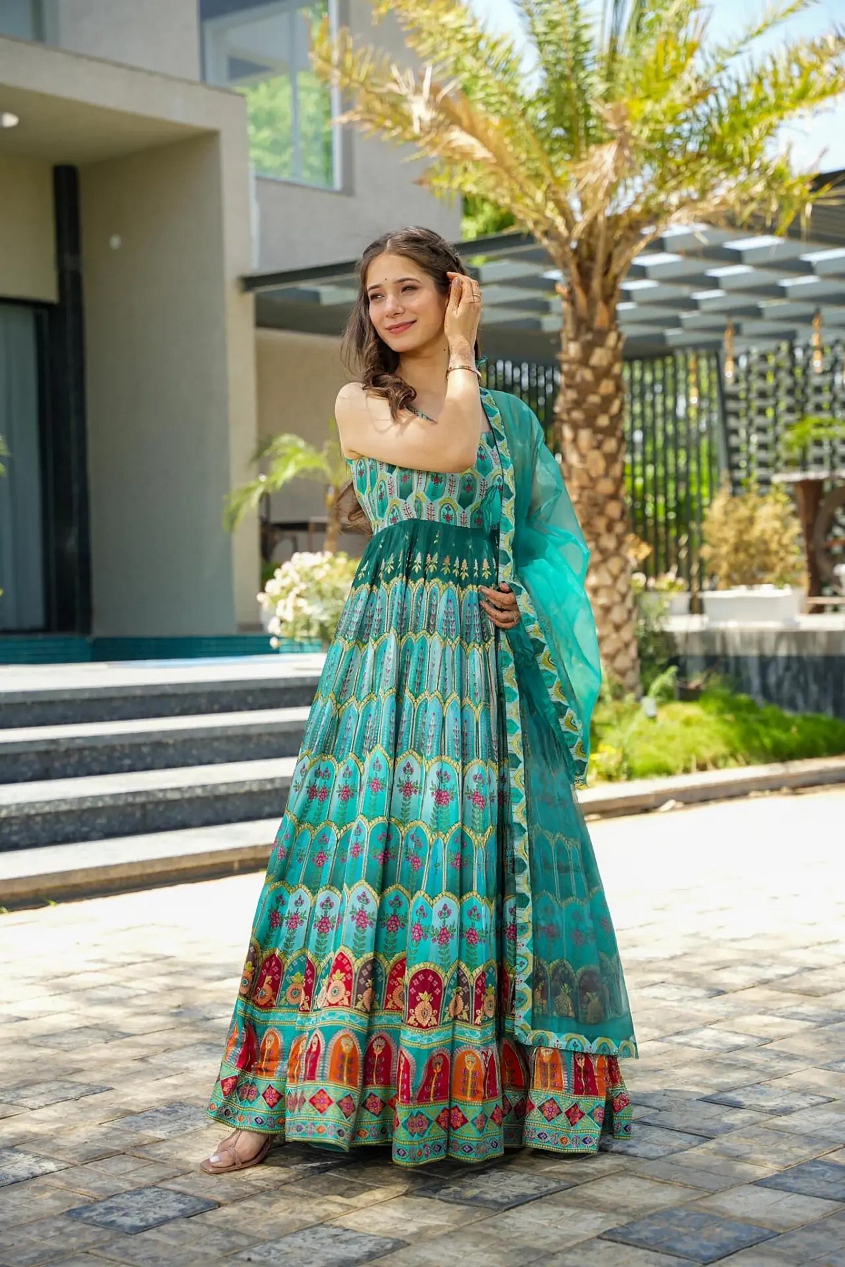 Women's Sea Green Color Silk Fabric Designer Print Ceremonial Gown With Dupatta Green / 3XL | Trendia Global Women's Sea Green Color Silk Fabric Designer Print Ceremonial Gown With Dupatta Green / 3XL | Trendia Global