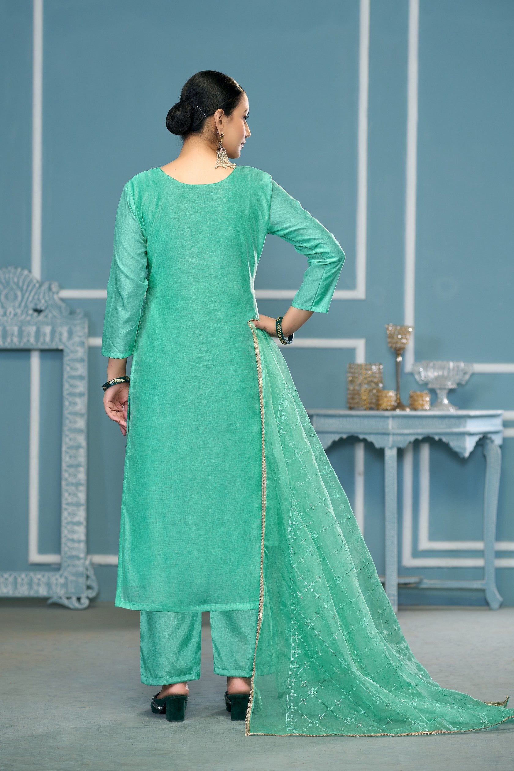 Women's Sea Green Color Viscose Organza Fancy Ceremonial Salwar Suit F Trendia Women's Sea Green Color Viscose Organza Fancy Ceremonial Salwar Suit F Trendia