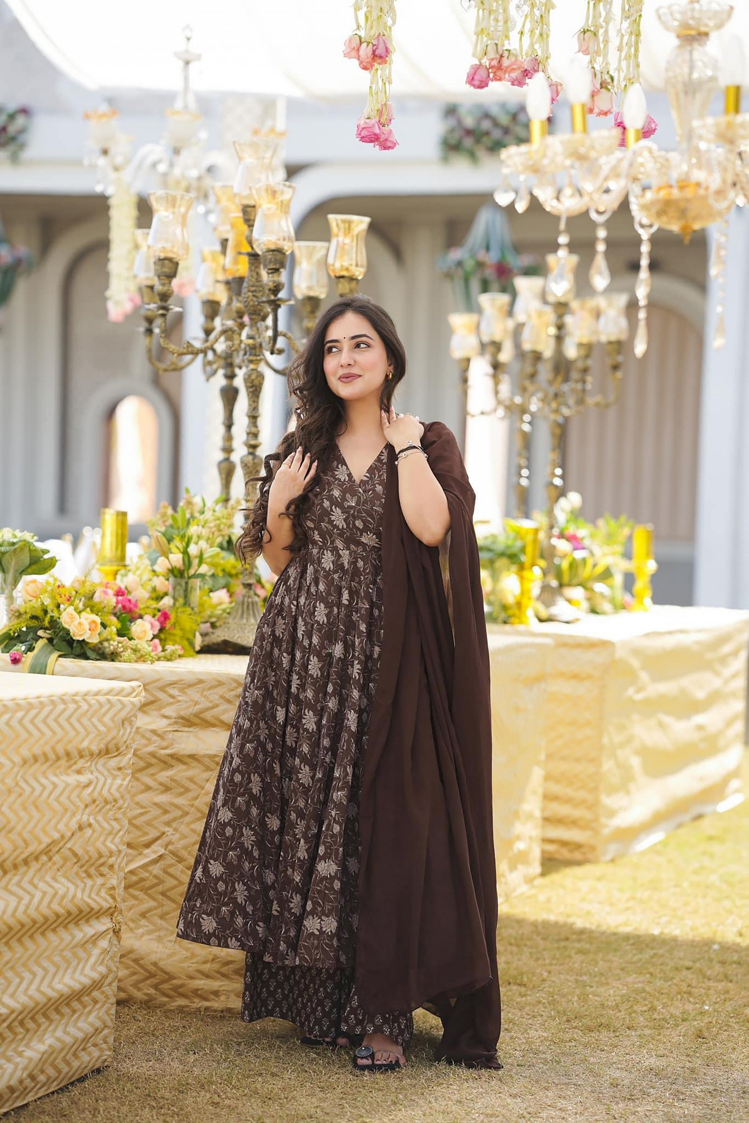 Women's Brown Color Beautiful Muslin Fabric Designer Digital Printed Girlie Ceremonial Dress Brown / 5XL | Trendia Global Women's Brown Color Beautiful Muslin Fabric Designer Digital Printed Girlie Ceremonial Dress Brown / 5XL | Trendia Global