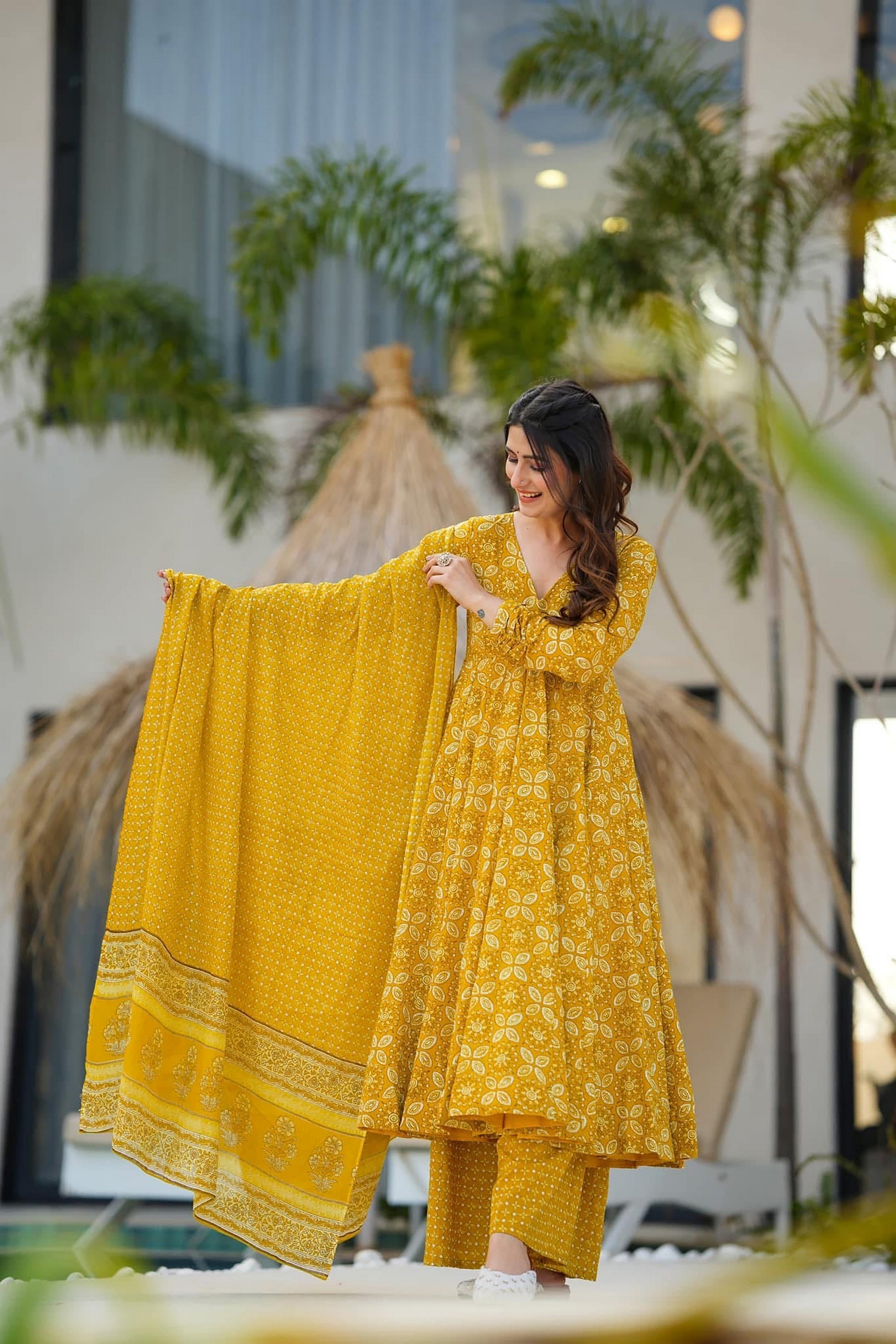 Women's Yellow Color Beautiful Muslin Fabric Designer Digital Printed Trendia Women's Yellow Color Beautiful Muslin Fabric Designer Digital Printed Trendia