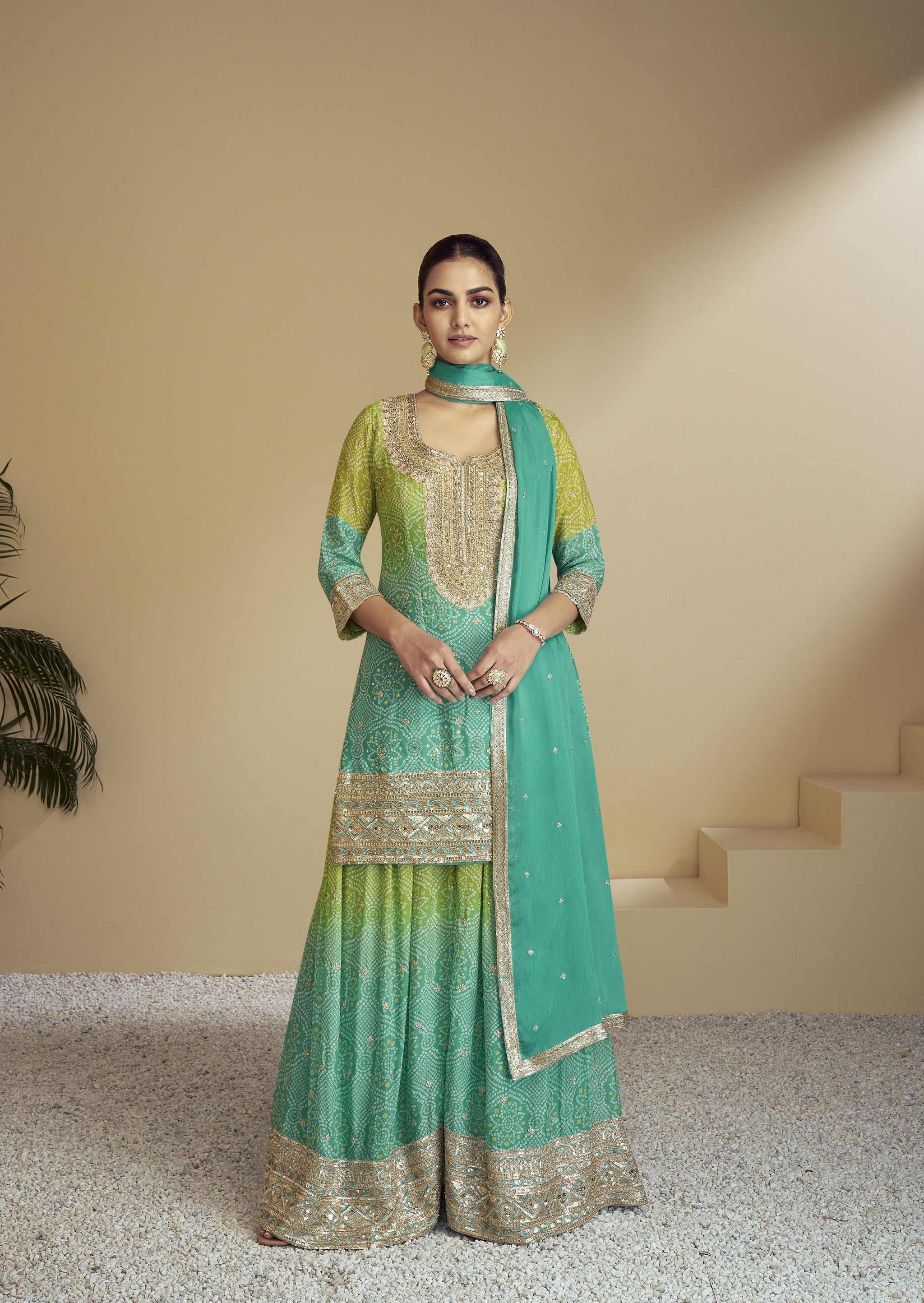 Women's Sea Green Color Chinon Fabric Bandhej Designer Palazzo Dress W Trendia Women's Sea Green Color Chinon Fabric Bandhej Designer Palazzo Dress W Trendia