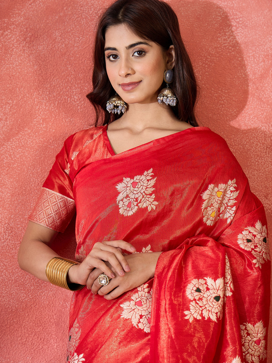 Women's Red Wevon Jacquard Designer Shimmer Silk Saree With Blouse Pie ...