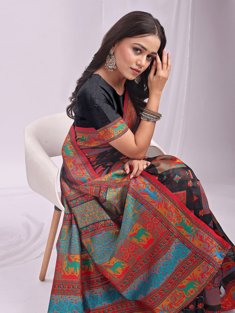Women's Black Wevon Thread Designer Linen Cotton Saree With Blouse Pie ...