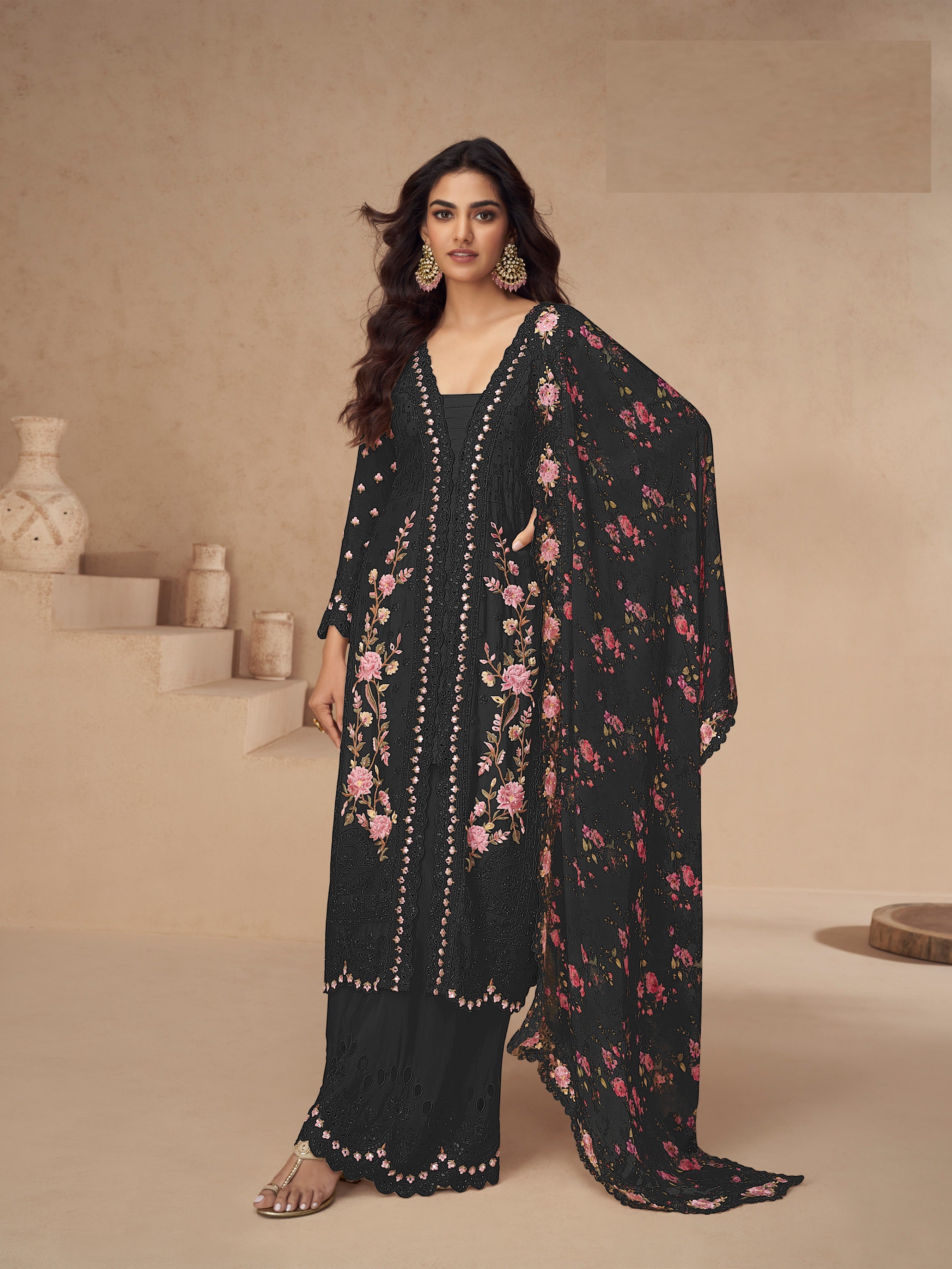 Women's Beautiful Grey Color Resham Embroidered Palazzo Suit