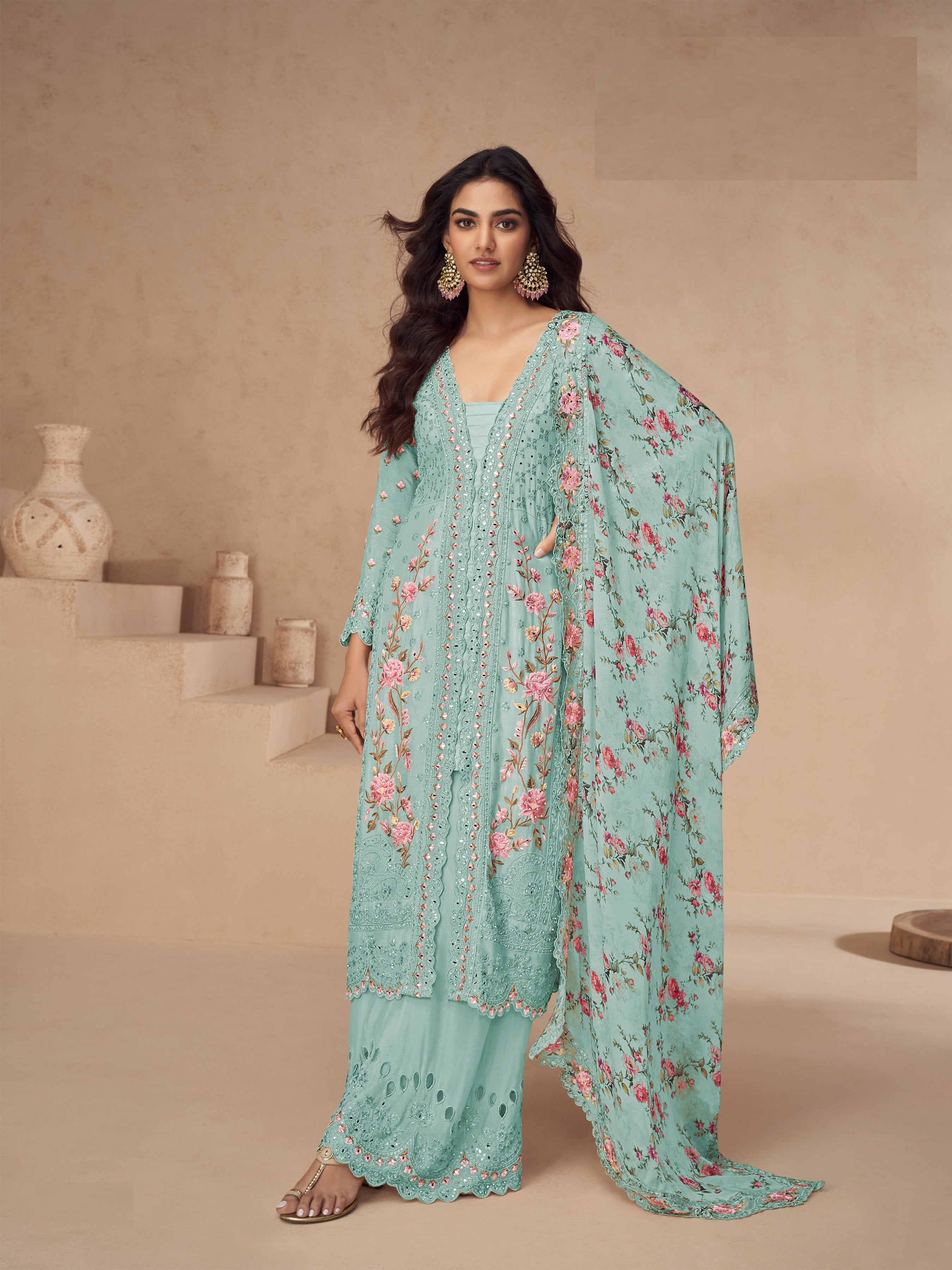 Women's Beautiful Peach Color Resham Embroidered Palazzo Suit