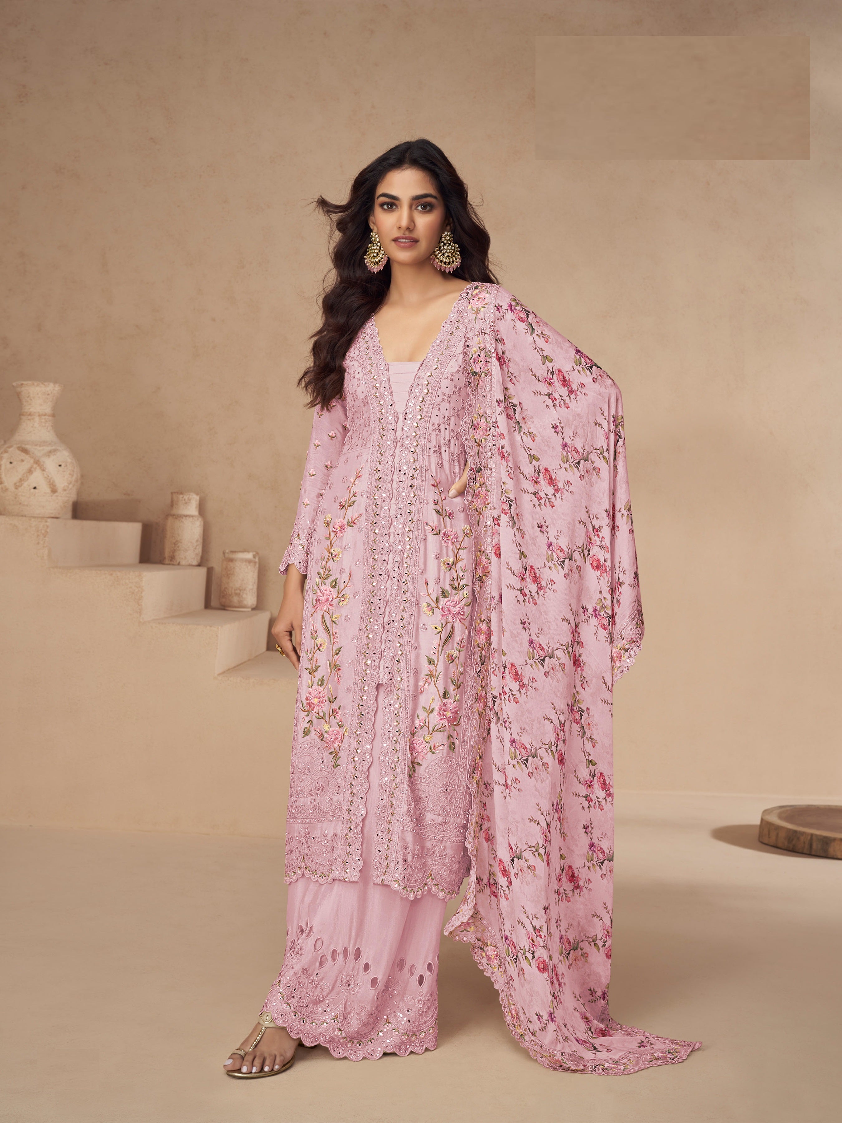 Women's Beautiful Grey Color Resham Embroidered Palazzo Suit