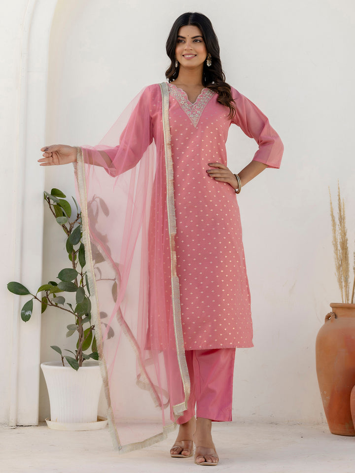 Women's Pink Chanderi Silk Beautiful Festive Wear Readymade Kurta Set