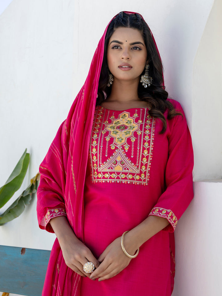 Women's Pink Cotton Blend Readymade Kurta Set For Ethnic Festive Looks
