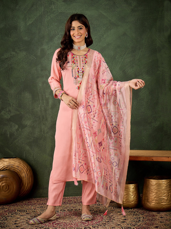 Women's Pink Smart Silk Blend Designer Embroidery Work Ceremonial Kurta Set