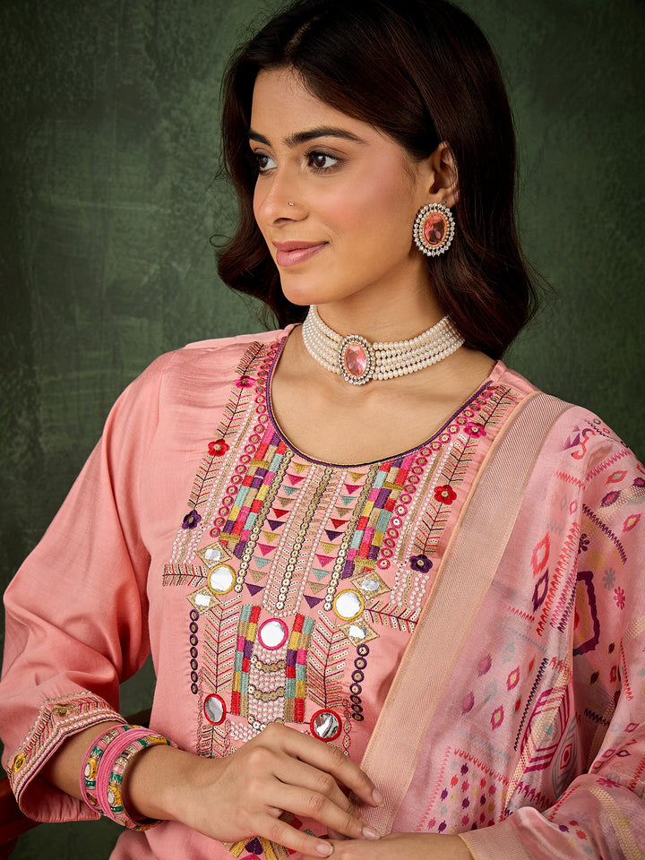 Women's Pink Smart Silk Blend Designer Embroidery Work Ceremonial Kurta Set