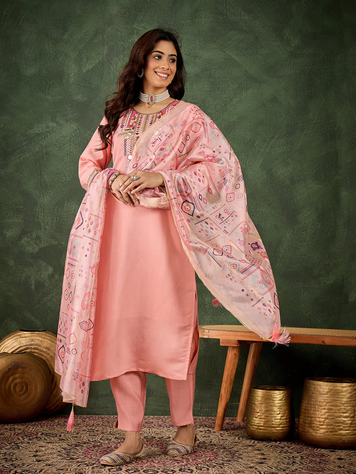Women's Pink Smart Silk Blend Designer Embroidery Work Ceremonial Kurta Set