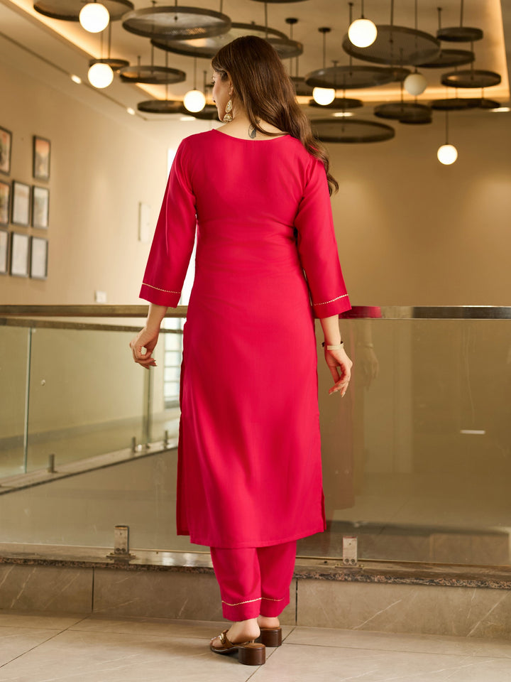 Women's Red Viscose Designer Embroidered Readymade Kurta Set With Dupatta