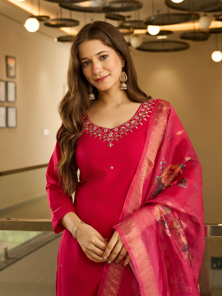 Women's Red Viscose Designer Embroidered Readymade Kurta Set With Dupatta