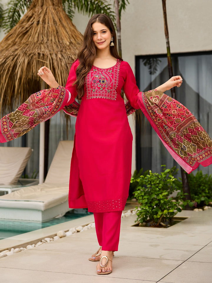 Women's Pink Roman Silk Designer Embroidered Readymade Kurta Set With Dupatta