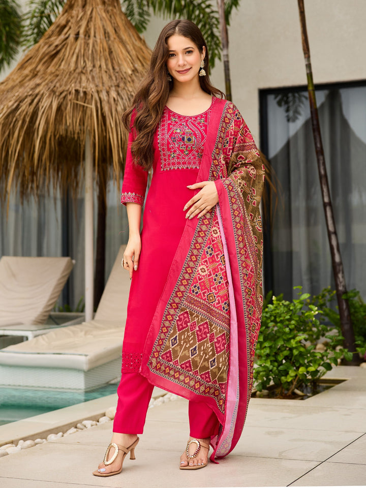 Women's Pink Roman Silk Designer Embroidered Readymade Kurta Set With Dupatta