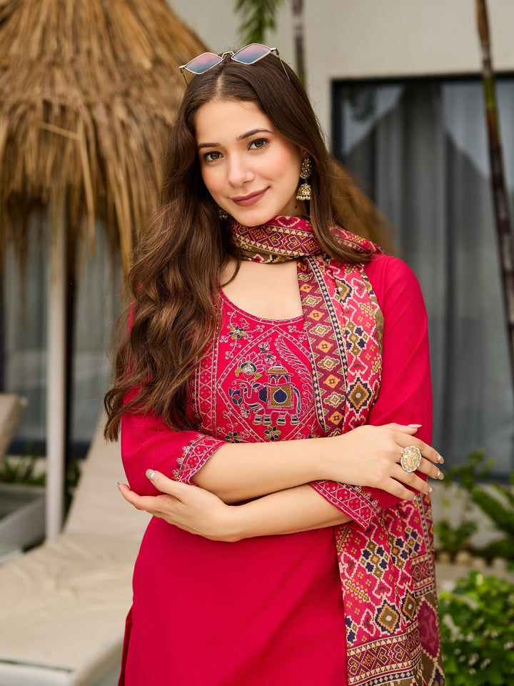 Women's Pink Roman Silk Designer Embroidered Readymade Kurta Set With Dupatta