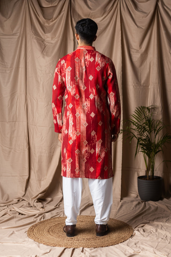 Women's Red Modal Silk Designer Printed Festive Wear Men's Kurta Payjama