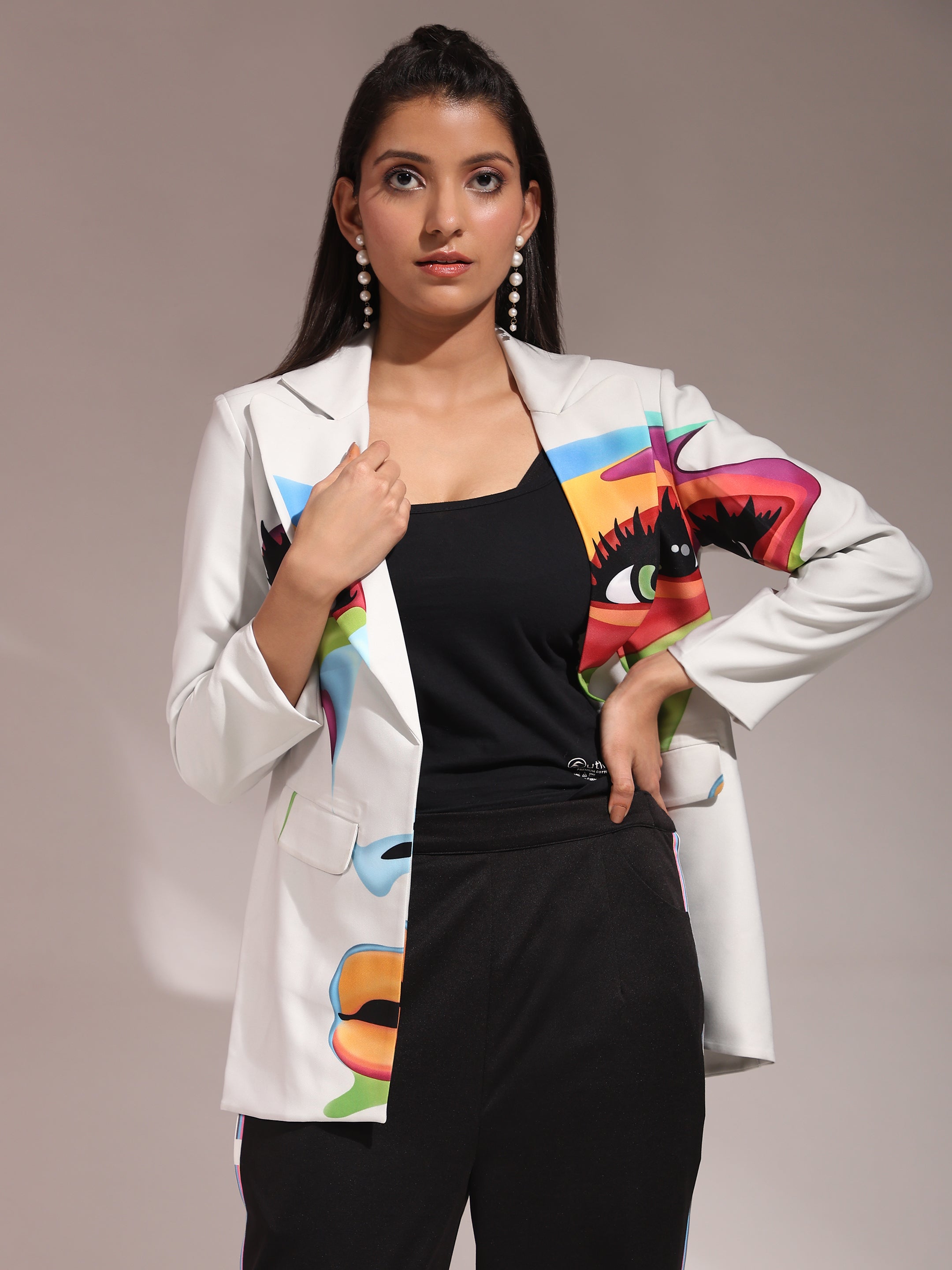 Women's Indowestern Style Ensemble Elegant Ivory Top With Sleek Black Pants Premium Banana Crepe Fabric For Luxurious Comfort - Phenav
