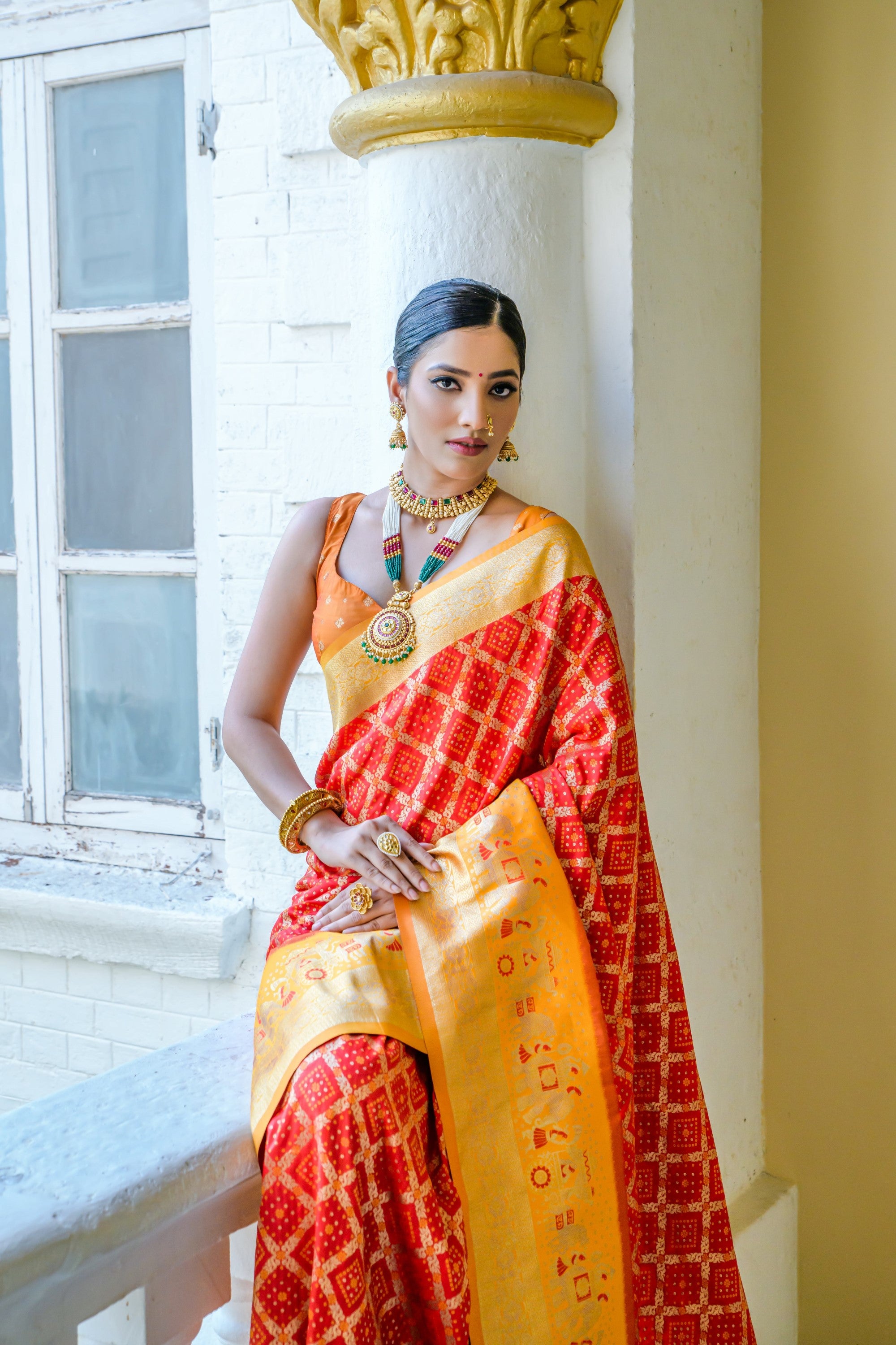Women's Red Meenakari Bandhani Woven Banarasi Silk Traditional Saree With Blouse  (Saree Blouse Without stitch) - Aastha Fashion