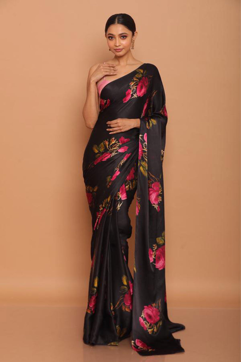 Women's Black Digital Printed Pure Japan Satin Designer Saree With Blouse  (Saree Blouse Without stitch) - Aastha Fashion