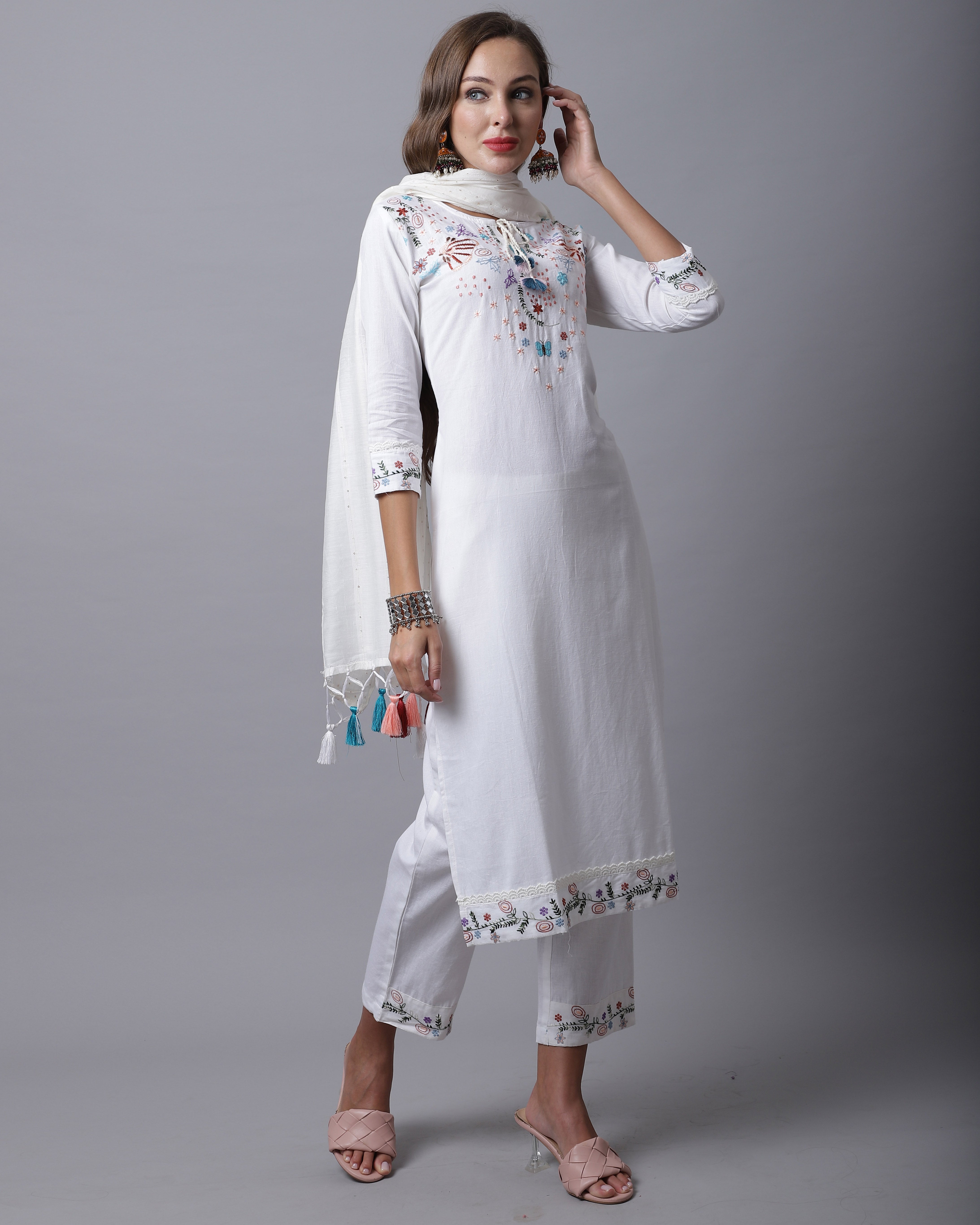 Women's White Cotton Flex Jaipuri Printed Kurta with Trouser & Dupatta - Aastha Fashion