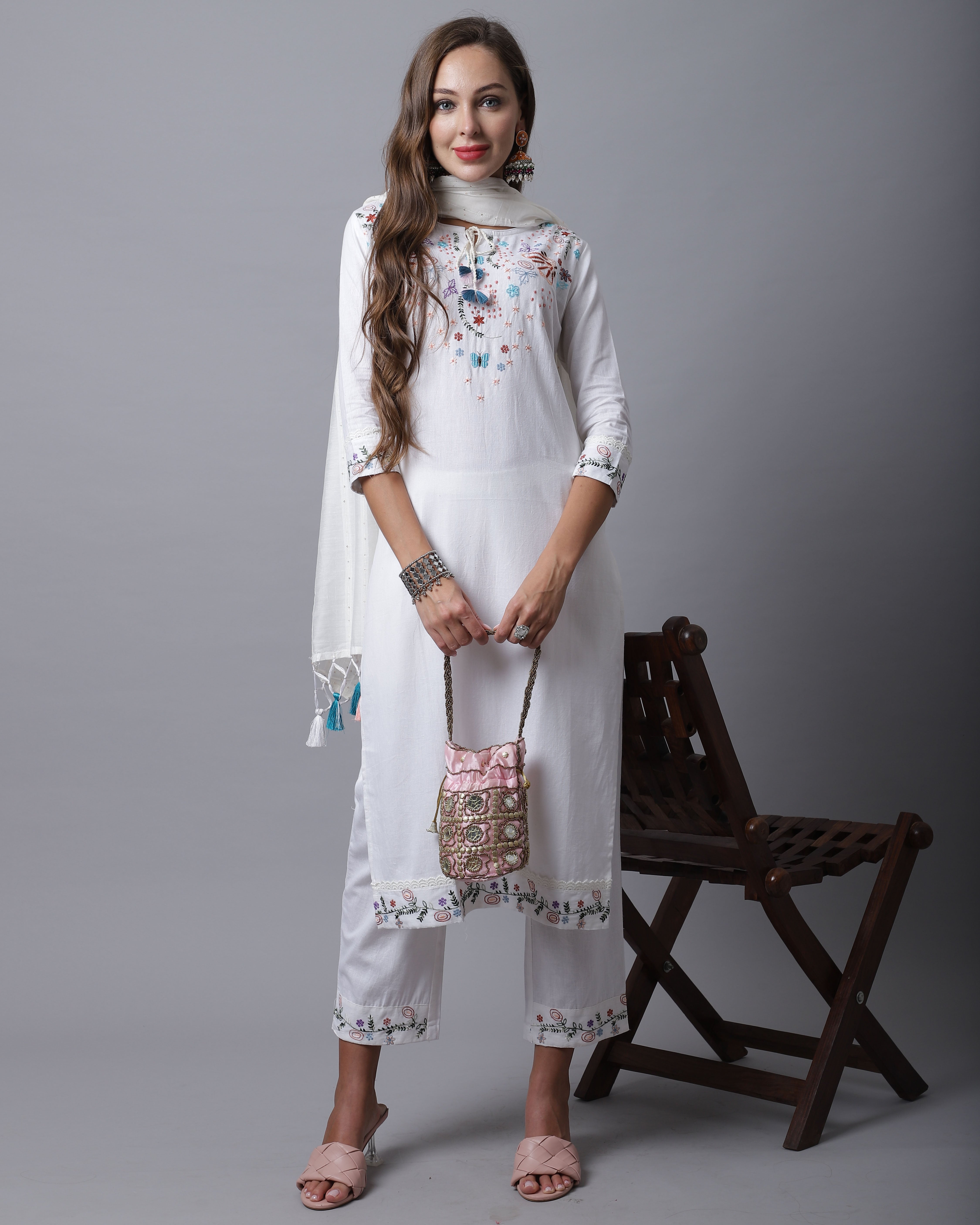 Women's White Cotton Flex Jaipuri Printed Kurta with Trouser & Dupatta - Aastha Fashion