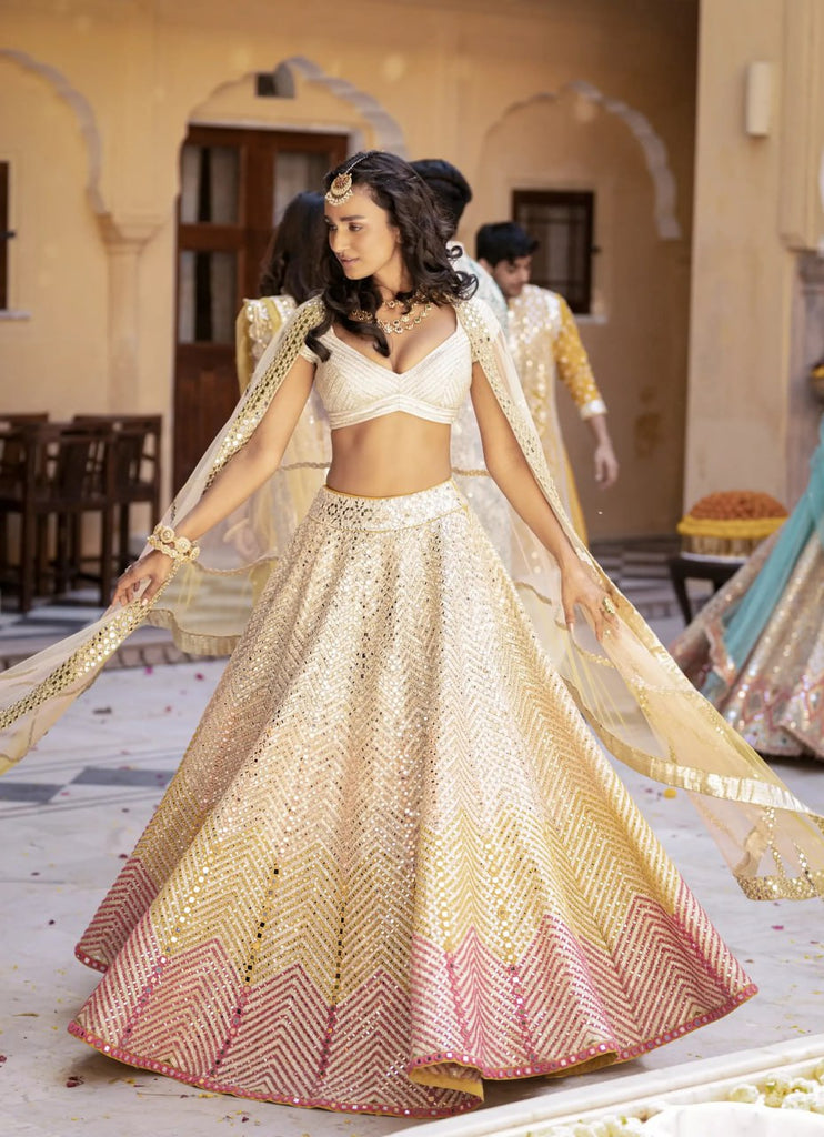 Women's Butter Cream Sequin With Thread Zari Embroidery Georgette Lehenga Choli With Dupatta  (Semi-Stitched )