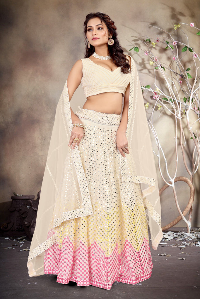 Women's Butter Cream Sequin With Thread Zari Embroidery Georgette Lehenga Choli With Dupatta  (Semi-Stitched )